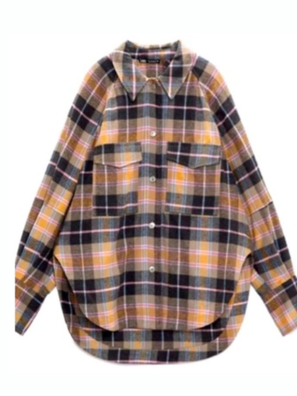 Zara Plaid Button-Up Shacket in Pink and Tan